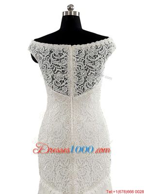 Custom Made White Lace Zipper Wedding Dresses Cap Sleeves With Brush Train Lace and Sashes|ribbons