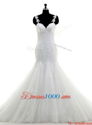 Fashion Mermaid Tulle Sleeveless With Train Wedding Dresses Brush Train and Appliques