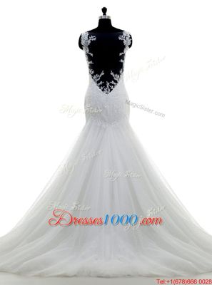 Scoop Sleeveless Wedding Gowns With Brush Train Lace and Appliques White Tulle