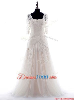 Modest White Wedding Dresses Wedding Party and For with Lace Square Half Sleeves Brush Train Zipper