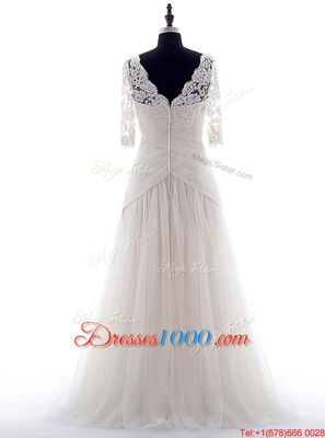 Colorful Sleeveless With Train Beading and Lace Lace Up Wedding Dress with White Brush Train