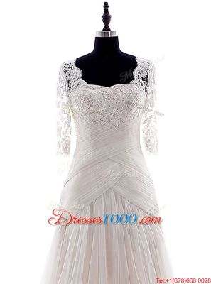 Colorful Sleeveless With Train Beading and Lace Lace Up Wedding Dress with White Brush Train