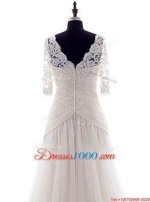 Colorful Sleeveless With Train Beading and Lace Lace Up Wedding Dress with White Brush Train