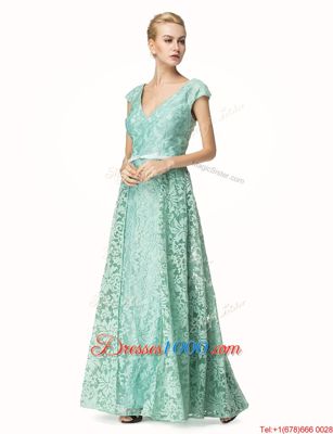 Lace Cap Sleeves Pleated Zipper Prom Dress with Turquoise