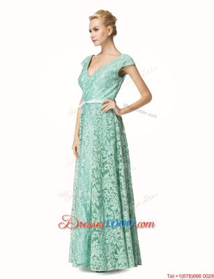 Lace Cap Sleeves Pleated Zipper Prom Dress with Turquoise
