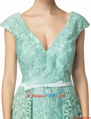 Lace Cap Sleeves Pleated Zipper Prom Dress with Turquoise