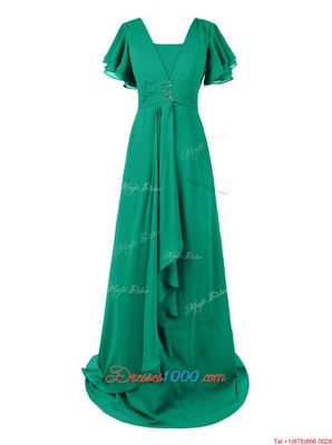 Shining Green Chiffon Zipper Prom Gown Short Sleeves With Train Sweep Train Beading and Ruching
