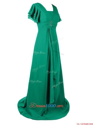 Shining Green Chiffon Zipper Prom Gown Short Sleeves With Train Sweep Train Beading and Ruching