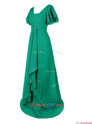 Shining Green Chiffon Zipper Prom Gown Short Sleeves With Train Sweep Train Beading and Ruching