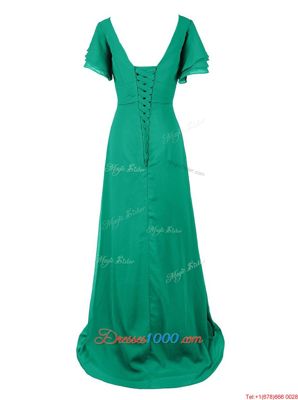 Shining Green Chiffon Zipper Prom Gown Short Sleeves With Train Sweep Train Beading and Ruching