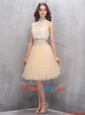 Knee Length Champagne Womens Party Dresses Tulle Sleeveless Beading and Embroidery