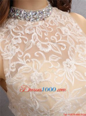 Knee Length Champagne Womens Party Dresses Tulle Sleeveless Beading and Embroidery