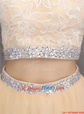 Knee Length Champagne Womens Party Dresses Tulle Sleeveless Beading and Embroidery