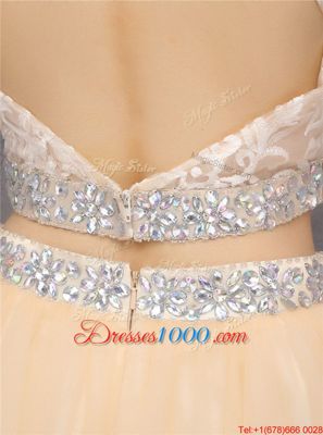 Knee Length Champagne Womens Party Dresses Tulle Sleeveless Beading and Embroidery