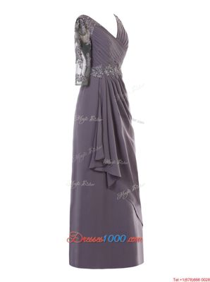 Grey A-line Chiffon V-neck Long Sleeves Beading and Appliques and Ruching Floor Length Zipper Prom Dresses