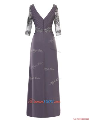 Grey A-line Chiffon V-neck Long Sleeves Beading and Appliques and Ruching Floor Length Zipper Prom Dresses