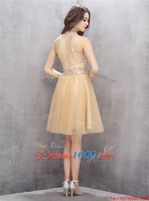 Champagne Sleeveless Knee Length Beading Zipper Prom Dress