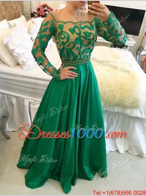 Customized Green Prom Dresses Prom and For with Beading and Appliques Scoop Long Sleeves Side Zipper