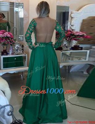 Customized Green Prom Dresses Prom and For with Beading and Appliques Scoop Long Sleeves Side Zipper