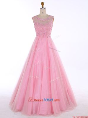 Simple Scoop Sleeveless Floor Length Beading and Appliques Backless Junior Homecoming Dress with Baby Pink