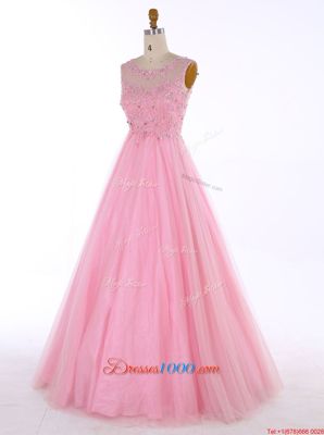 Simple Scoop Sleeveless Floor Length Beading and Appliques Backless Junior Homecoming Dress with Baby Pink