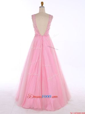 Simple Scoop Sleeveless Floor Length Beading and Appliques Backless Junior Homecoming Dress with Baby Pink