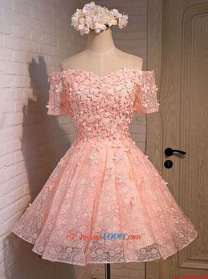 Unique Off the Shoulder Peach Sleeveless Mini Length Appliques Lace Up Prom Party Dress