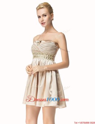 Strapless Sleeveless Satin Prom Gown Beading and Pleated Side Zipper