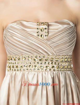Strapless Sleeveless Satin Prom Gown Beading and Pleated Side Zipper