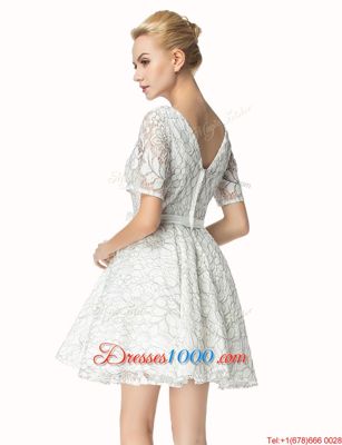 Free and Easy White Zipper V-neck Sashes|ribbons Homecoming Dress Lace Short Sleeves