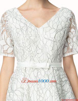 Free and Easy White Zipper V-neck Sashes|ribbons Homecoming Dress Lace Short Sleeves