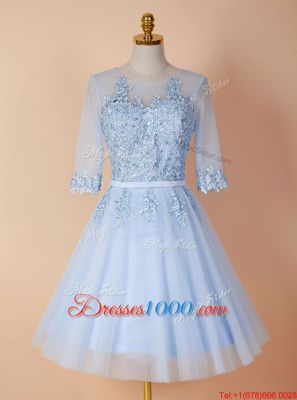 Light Blue Homecoming Dress Prom and For with Appliques Scoop Half Sleeves Backless
