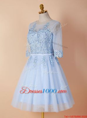 Light Blue Homecoming Dress Prom and For with Appliques Scoop Half Sleeves Backless