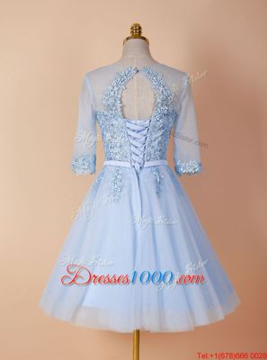 Light Blue Homecoming Dress Prom and For with Appliques Scoop Half Sleeves Backless
