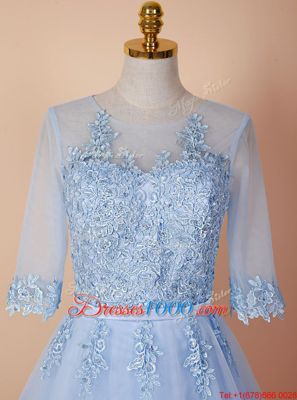 Light Blue Homecoming Dress Prom and For with Appliques Scoop Half Sleeves Backless