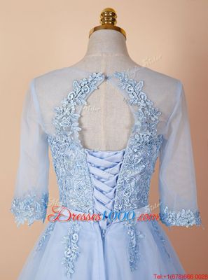 Light Blue Homecoming Dress Prom and For with Appliques Scoop Half Sleeves Backless