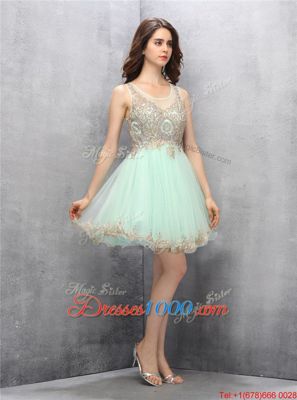 Scoop Appliques Dress for Prom Apple Green Zipper Sleeveless Knee Length