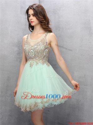 Scoop Appliques Dress for Prom Apple Green Zipper Sleeveless Knee Length