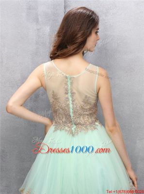 Scoop Appliques Dress for Prom Apple Green Zipper Sleeveless Knee Length