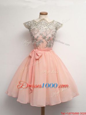 Cap Sleeves Scalloped Knee Length Zipper Homecoming Dress Peach and In for Prom and Party with Appliques