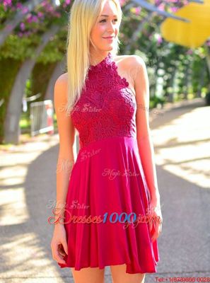Hot Pink A-line Chiffon Halter Top Sleeveless Appliques Mini Length Zipper Prom Gown