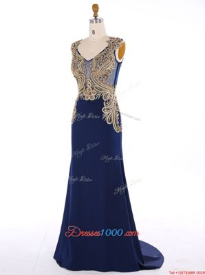 Beauteous Mermaid Sleeveless Navy Blue Sweep Train Zipper