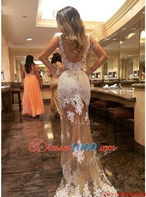 Mermaid Scoop Appliques Formal Evening Gowns Champagne Backless Sleeveless Court Train