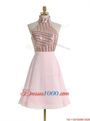 Most Popular Backless Halter Top Sleeveless Homecoming Dress Knee Length Sequins Baby Pink Chiffon