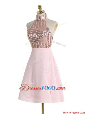 Most Popular Backless Halter Top Sleeveless Homecoming Dress Knee Length Sequins Baby Pink Chiffon