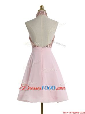 Most Popular Backless Halter Top Sleeveless Homecoming Dress Knee Length Sequins Baby Pink Chiffon