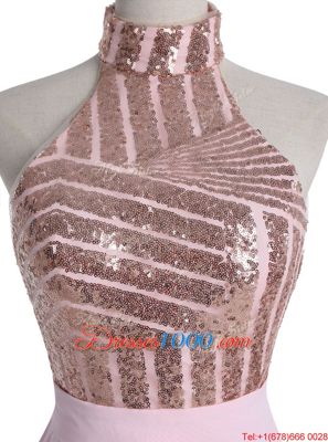 Most Popular Backless Halter Top Sleeveless Homecoming Dress Knee Length Sequins Baby Pink Chiffon