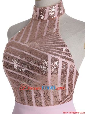 Most Popular Backless Halter Top Sleeveless Homecoming Dress Knee Length Sequins Baby Pink Chiffon