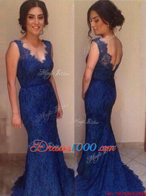 Sophisticated Mermaid Royal Blue V-neck Neckline Lace Evening Gowns Sleeveless Backless