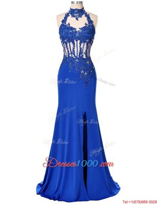 Hot Selling Backless High-neck Sleeveless Dress for Prom Floor Length Beading and Appliques Royal Blue Elastic Woven Satin